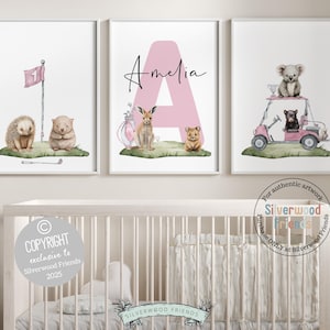 Golf Nursery Prints, Baby Girl Pink Golf Nursery Decor, Australian Animal Nursery Decor, Aussie Native Animal Nursery Wall Art Digital Print