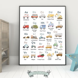 Transport Alphabet Print, Construction Vehicles ABC Print, Boys Nursery Decor, abc Playroom Poster,Homeschool Learning Letters Digital Print image 2