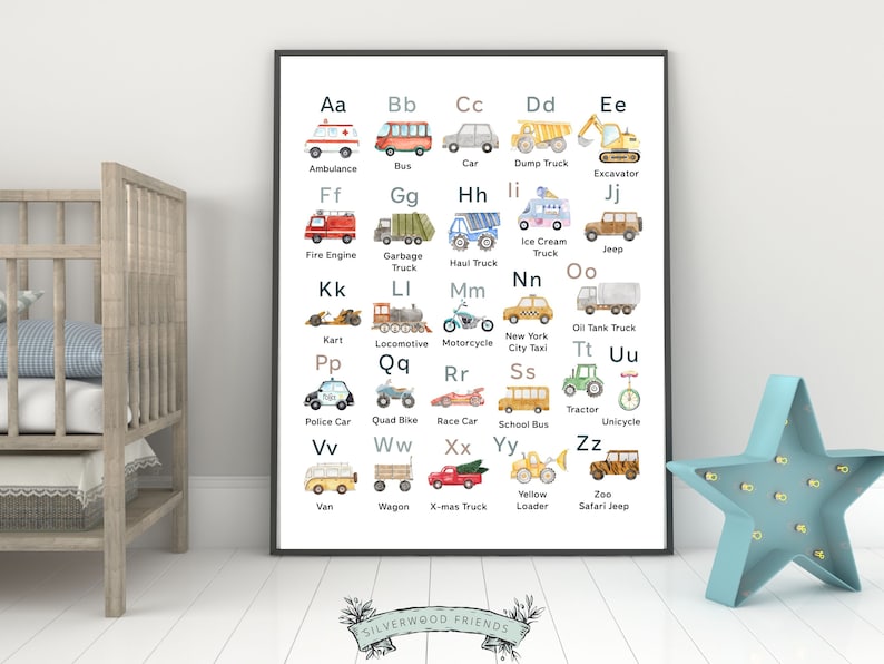Transport Alphabet Print, Construction Vehicles ABC Print, Boys Nursery Decor, abc Playroom Poster,Homeschool Learning Letters Digital Print image 2