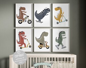 Baby Boys Dinosaur Nursery Prints, Dinosaurs Riding Bikes Print, Dinosaur Playroom Print Set, Boys Sports Nursery Decor, Dino Digital Prints