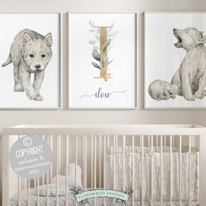 Décoration de chambre de bébé loup, lot de 3 impressions, nom de bébé personnalisé, impression de nom de chambre de bébé loup, art mural nom de bébé, décoration de chambre d'enfant Woodland, cadeau de babyshower