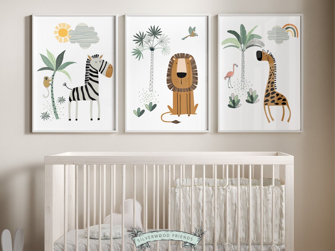 Boho Safari Nursery Prints, Green Safari Nursery Decor, Tropical Jungle