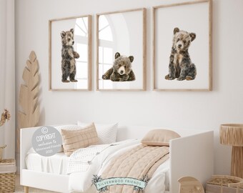 Woodland Bear Nursery Print, Woodland Bear Nursery Decor, Neutral Nursery Decor, Baby Bear Nursery Wall Art, Woodland Nursery Digital Prints