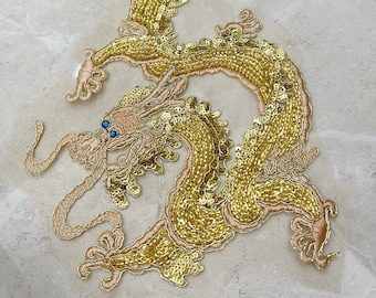 Golden Beaded Dragon Applique, Luxury beaded lace patch, Embroidery sequins Beads applique, Sew on Costume Design patch, cheongsam decor