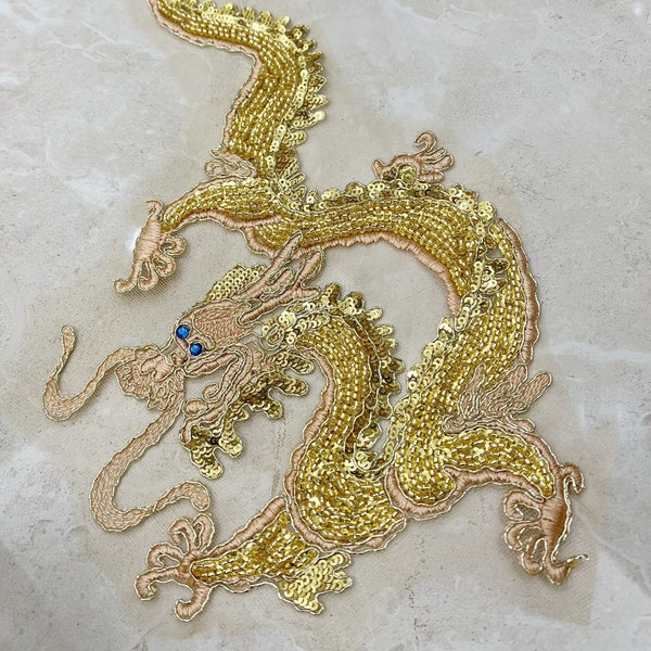 Golden Beaded Dragon Applique, Luxury beaded lace patch, Embroidery sequins Beads applique, Sew on Costume Design patch, cheongsam decor