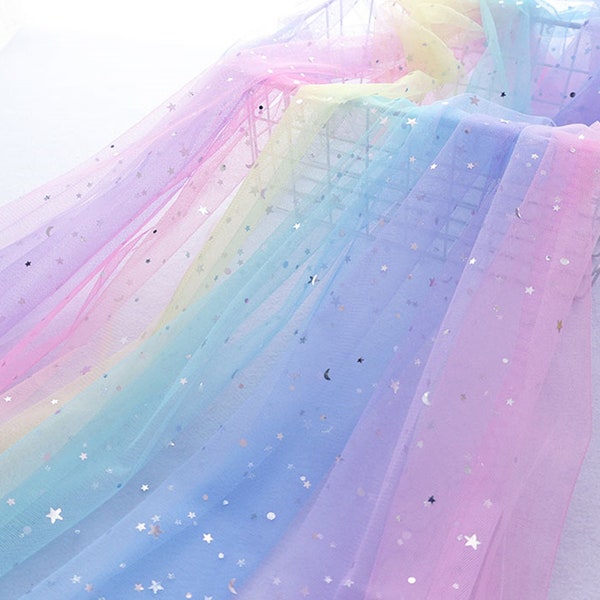 Rainbow tulle fabric, stars moon sequins mesh for princess dress, wedding table decor, birthday costume, 1 yard