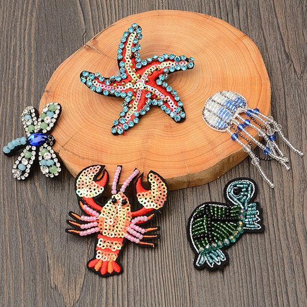 Dangling Marine Jellyfish Crystal Beaded Applique, Tassel Patch, Tortoise patch, Dragonfly patch for Coat, Outfit, Costume, Jacket, 1 pcs