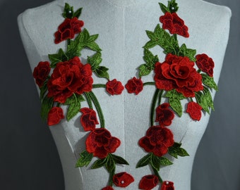 Appliques de roses rouges romantiques, écusson d'appliques de dentelle à broderie florale rose pour robes de diplômés, vêtements, créations couture, costume de mariage, 1 paire