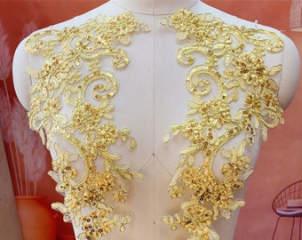 Large Golden Sequins Wedding Applique, Embroidery Alencon Venice Patch for Performance costume, Bridal Dress, Party evenig gown