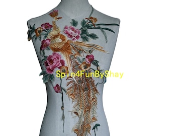 Applique en dentelle brodée Phoenix + pivoine en fleurs, écusson oiseau merveilleux multicolore pour corsage de costume, manteau en cuir, jean, veste, 1 pièce