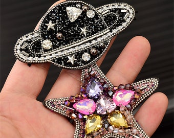 Sparkle Celestial Starry Crystal Beaded Applique Patch, Multi-colors Beaded Aircraft for Coat, Jeans, Clothes, Jacket, Decorative Patch