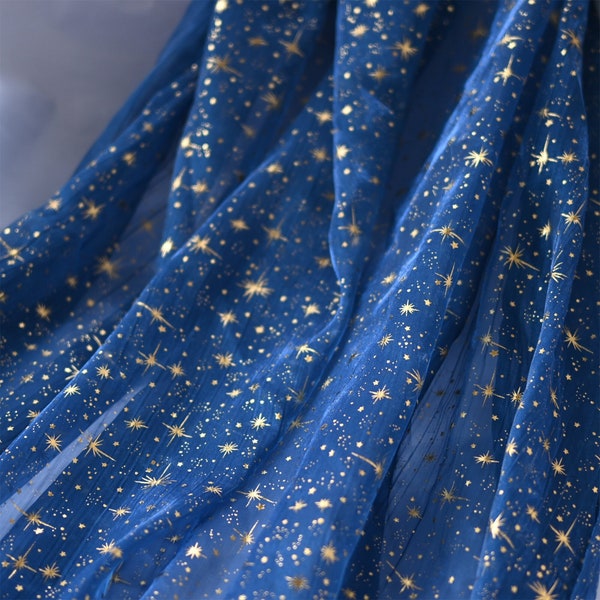 Tissu organza étoilé, tissu organza bronze étoiles dorées, tissu de draperie céleste bleu royal pour robe de soirée sur la plage, tenue rave, tendance !