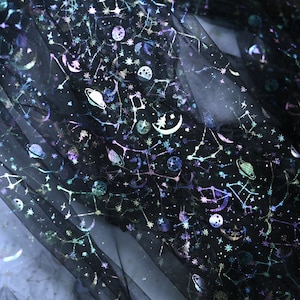 Bronze celestial Tulle Fabric, gradient ombre rainbow stars moon mesh for veil, wedding table, gift decor