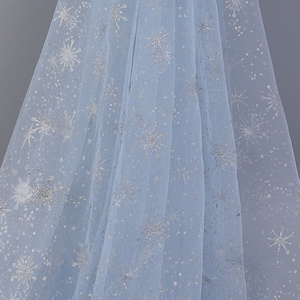 Silver Glitter Snowflake Floral Dots Printed Light Blue Tulle Lace Fabric, Veil Fabric, Baby Dress Fabric, Headband Fabric, Wedding Fabric