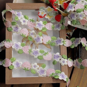 Embroidery Strawberry lace,  adorable Embroidered flowers lace for BJD Doll dress, Home Decor, Sewing Project, Sash belt, 1 yard, 91cm