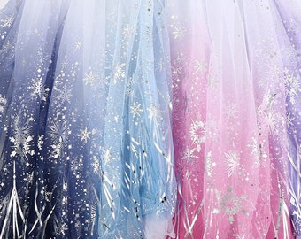 Bronze print snowflake tulle, gradient snowflakes  lace fabric for cosplay cape, veil, Backdrop, girl dress,  59" width