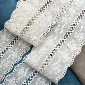 Vintage off White Cotton Lace Trim Embroidered Scalloped Lace 3 Inch Wide 2  Yards Sewing Lace 