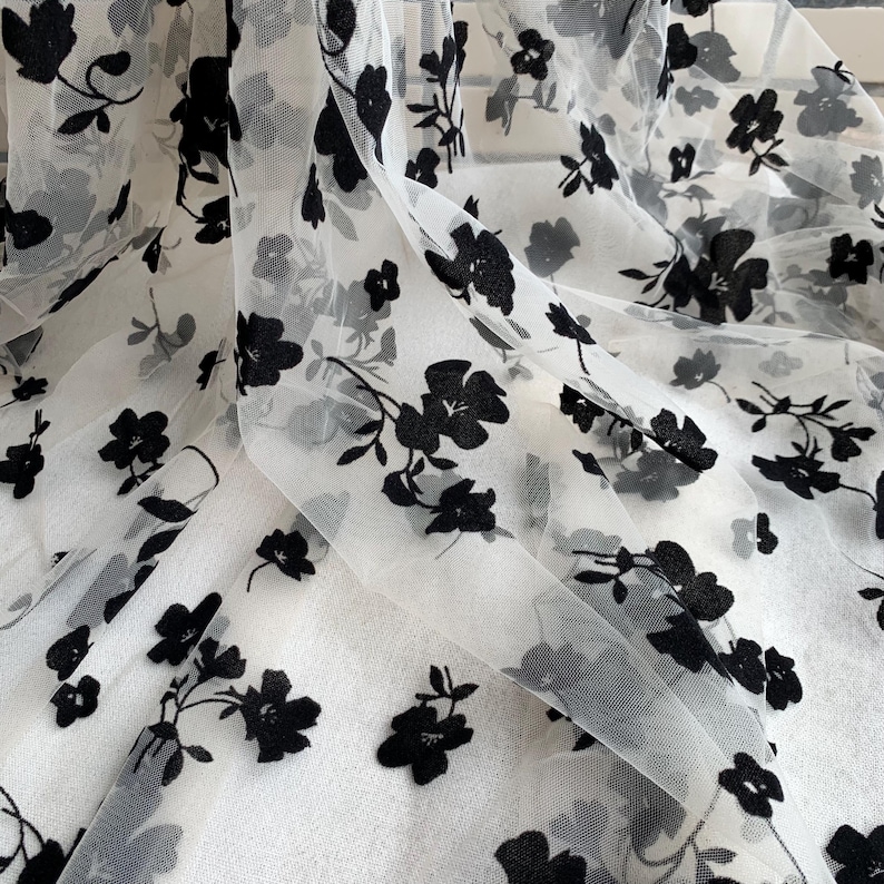 Black Flowers Flocking Lace Fabric, Flocked Floral Tulle Lace Fabric for Bridal Veil, Wedding Gown, Tutu Dress, Lace Top, 1 Yard image 17