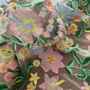 Colorful Flower Tulle Lace Fabric, Dense Floral Embroidered Tulle Fabric for Prom Dress, Headband, Bridal Dress, Pageant Gown
