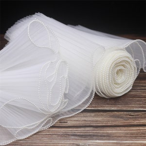 Pleated Organza Lace, Ruffle Lace Trim with Pearl Edge, Beaded Pleated Lace Trim for Cosplay Party Costumes Cuffs Wrapping Materials
