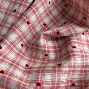 Pink Plaid Fabric with Flocked Red Hearts, Embroidery Checkered Fabric for Suits, Skirt, Girl Dress, Shirt, Designer Fabric image 7