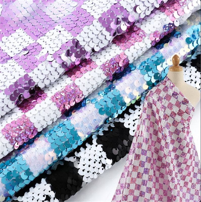Two Tone Sequins Fabric, Sequins Geometric Square Pattern Embroidery ...