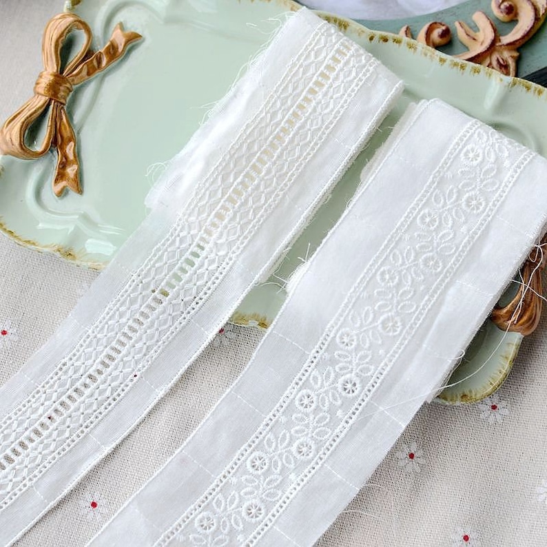 Embroidered Cotton Lace Trim, Narrow Floral Cotton Lace, Cotton Trim in off white, garment sewing trim image 2