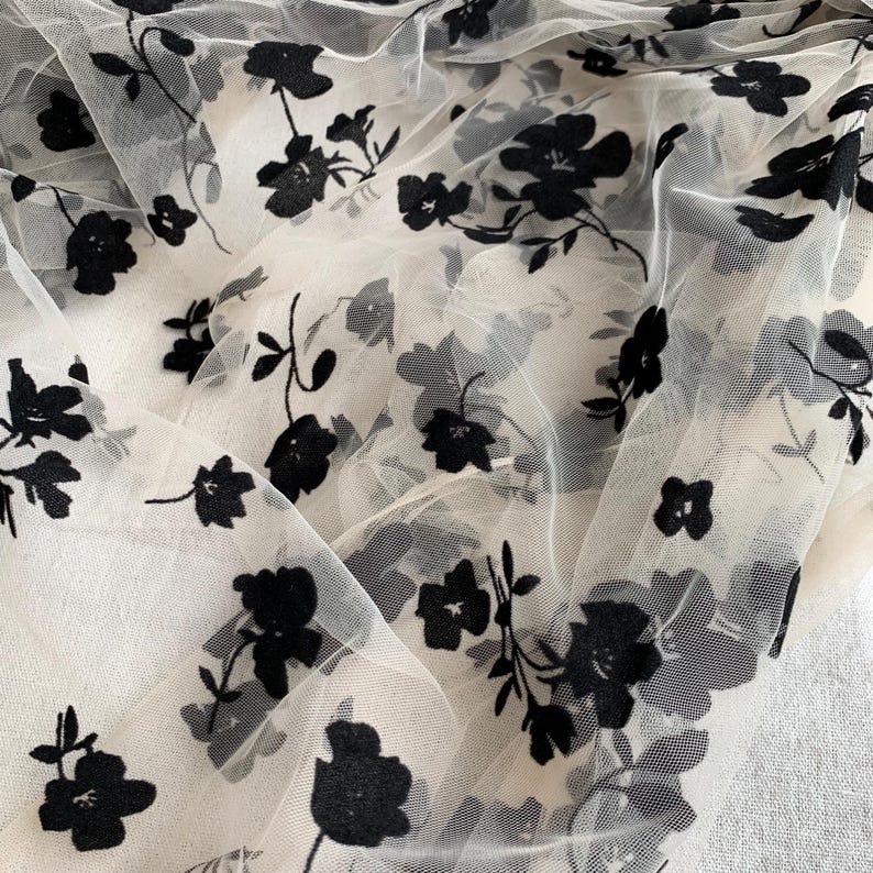 Black Flowers Flocking Lace Fabric, Flocked Floral Tulle Lace Fabric for Bridal Veil, Wedding Gown, Tutu Dress, Lace Top, 1 Yard image 11