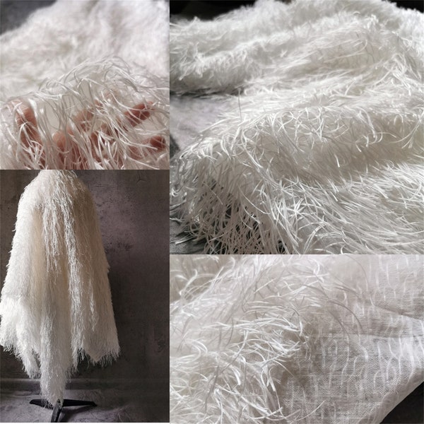 Tissu à pompons blanc cassé, tissu à franges 3D, tissu à plumes pour robe de mariée, robe de soirée, tissu de créateur, jupe tendance, cosplay