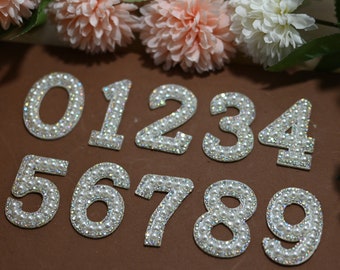 Ivory Pearls Ombre Rhinestone Beaded Numbers Patch, sew on / Glue on patch, Hat Jeans, Denim Jacket Craft, Bridal Idea gift