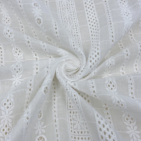 Pure Cotton Fabric Eyelet Striped Flower Embroidery Cotton Lace Fabric in Off white for Boho Dress, Girl Dress, Bridal Blouse, Curtain