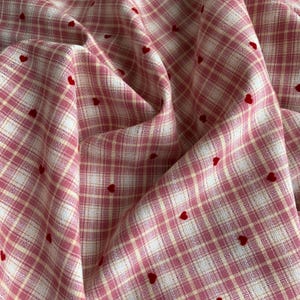 Pink Plaid Fabric with Flocked Red Hearts, Embroidery Checkered Fabric for Suits, Skirt, Girl Dress, Shirt, Designer Fabric image 3