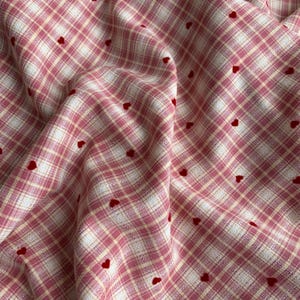 Pink Plaid Fabric with Flocked Red Hearts, Embroidery Checkered Fabric for Suits, Skirt, Girl Dress, Shirt, Designer Fabric image 5