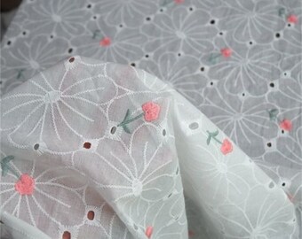 Eyelet Cotton Fabric, Cotton Fabric with Rosebud Floral Embroidery, Cotton Lace Fabric, Floral Cotton Lace, 1 Yard