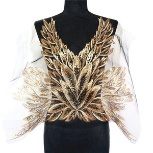 Larger peacock Embroidered Applique, golden sequins mesh patch for evening gown, dress decor, bodice,  jacket back, 1 piece