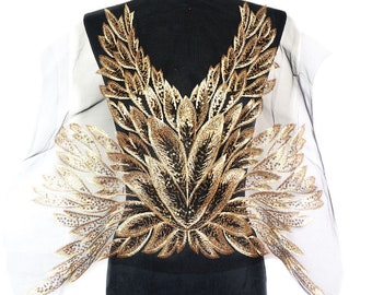 Larger peacock Embroidered Applique, golden sequins mesh patch for evening gown, dress decor, bodice,  jacket back, 1 piece