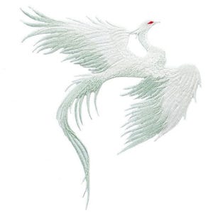 May include: White embroidered phoenix with red eyes, a mythical bird with long, flowing tail feathers and outstretched wings.