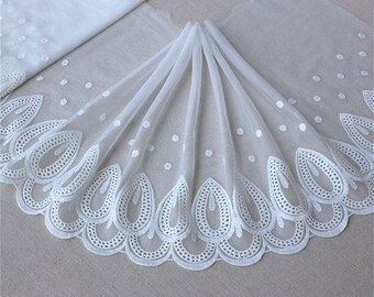 1 Yard Exquisite Polka Dot Peacock Feather Embroidered Off white Tulle Lace Trim 9.8" Wide High Quality