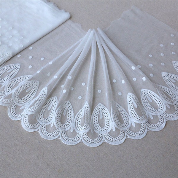 1 Yard Exquisite Polka Dot Peacock Feather Embroidered Off white Tulle Lace Trim 9.8" Wide High Quality