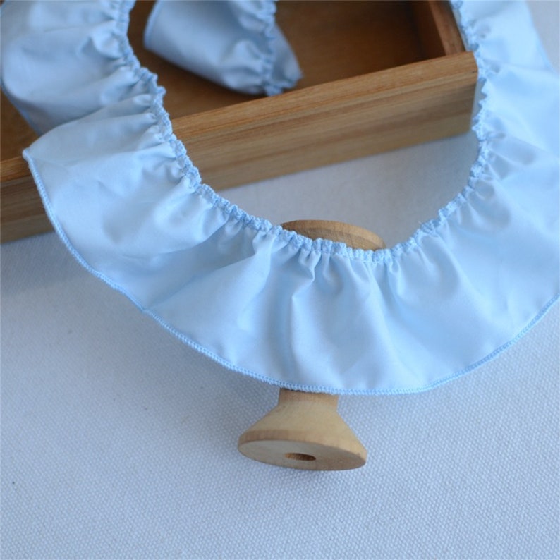 May include: A light blue ruffled fabric trim. The trim is gathered along the top edge, creating a wavy, ruffled effect. The fabric is a solid, pale blue color. The trim is displayed on a wooden spool.
