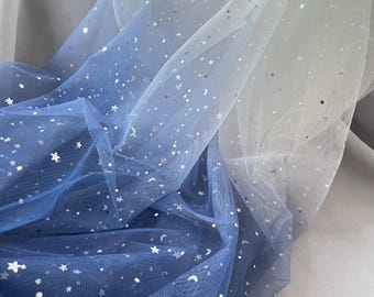 Ombre Tulle Print Star Moon Sequin Fabric, Gradient Dark Blue Tulle Lace Fabric for Bridal Wedding Dress, Prom, Tutu Dress, Home Decor