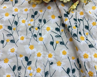 Daisy Embroidery Fabric, Daisy Cotton Fabric, Cotton Linen Fabric, for Boho Dress, Skirt Tops, Tablecloth, Home Decor, Dress