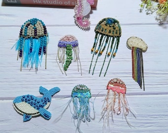 Ocean Jellyfish Seahorse Whale Patch, Beaded Animal Patch, for Coat, T-Shirt, Costume, Bag or Hat, Decorative Sew On Patches