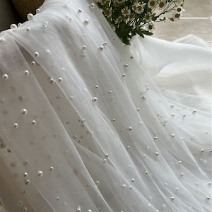 1 Yard Soft Tulle Irregular Big&Small Pearl Lace Fabric Wedding Beaded Fabric for Bridal Dress, Veil, Backdrop, Party Decor, Gown