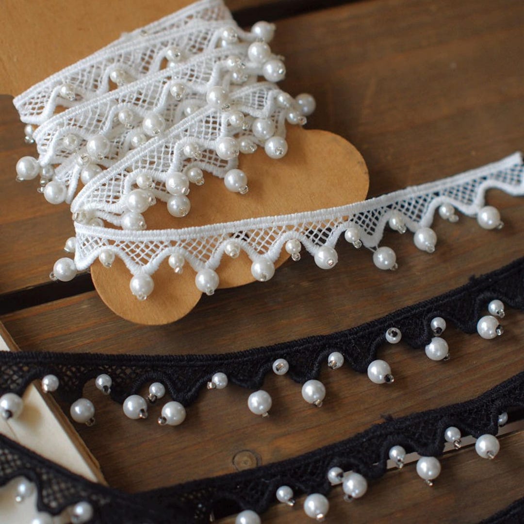 Pearl Beaded Trim, Hollowed Lace Trim With Pearls, Beaded Ribbon Trim ...