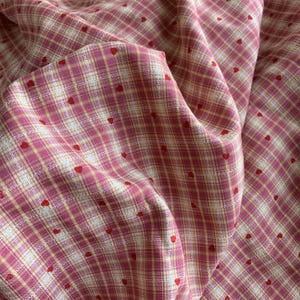 Pink Plaid Fabric with Flocked Red Hearts, Embroidery Checkered Fabric for Suits, Skirt, Girl Dress, Shirt, Designer Fabric image 15