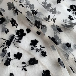 Black Flowers Flocking Lace Fabric, Flocked Floral Tulle Lace Fabric for Bridal Veil, Wedding Gown, Tutu Dress, Lace Top, 1 Yard image 15