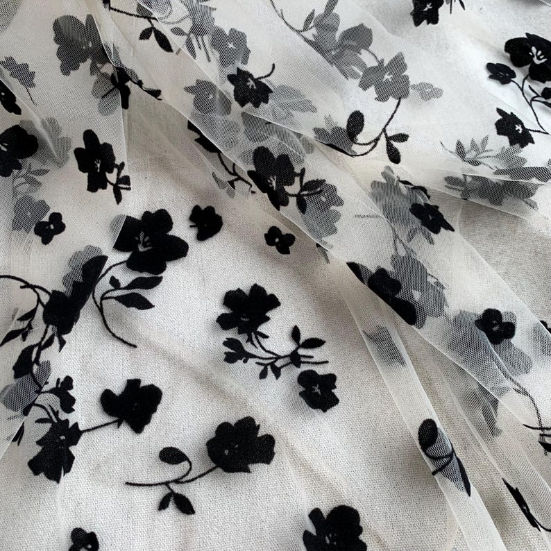 Black Flowers Flocking Lace Fabric, Flocked Floral Tulle Lace Fabric for Bridal Veil, Wedding Gown, Tutu Dress, Lace Top, 1 Yard image 15