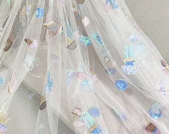 Multicolors jellyfish sequins Fabric,  vivid embroidery oecan fabric, Sheer Fabric, child fabric, flower girl fabric, Veil lace, new! 1 yard