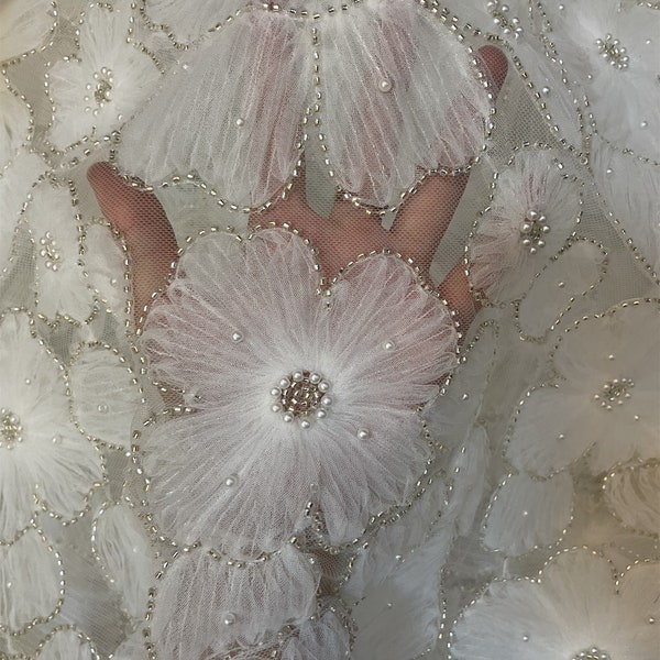 Perles élégantes, broderie perlée, maille 3D, tissu floral, dentelle de mariée, tissu pour robe de mariée, robe de soirée, mariage